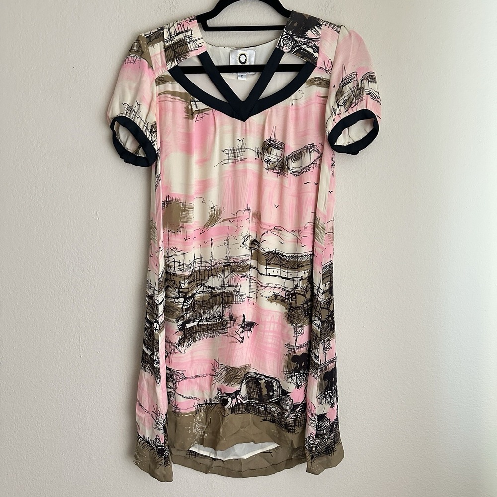 Mayle Silk Harbor Print‎ Dress Women 2 Pink Strappy Cutout V-Neck Short Sleeve